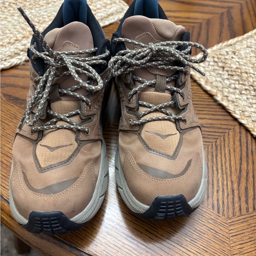 Hoka Brown and Navy Trail-Style Sneakers
